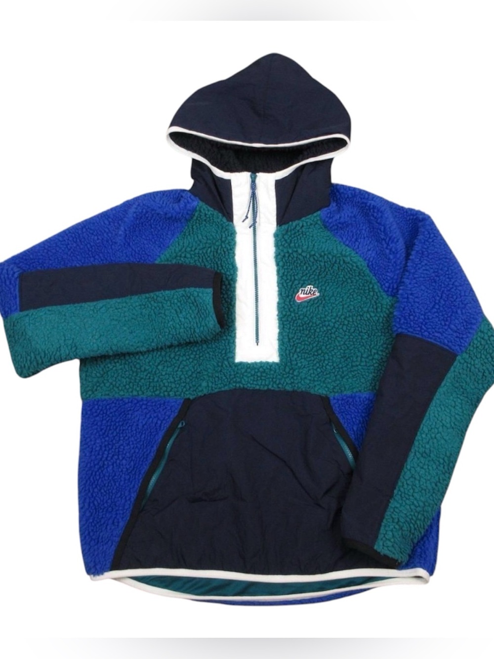 Nike men’s heritage fleece Sherpa hoodie color block blue green half zip Sz L